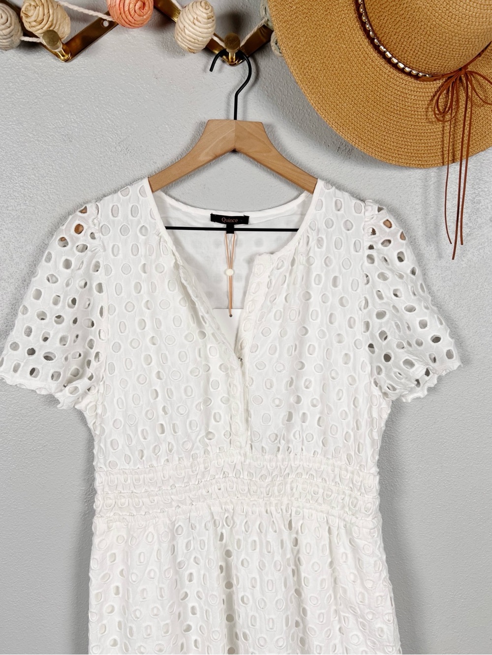 NWT Quince Organic Cotton Eyelet Mini Tiered Dress White Size Large - Picture 3 of 9
